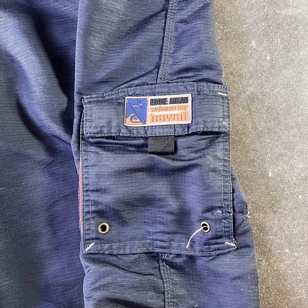 Vintage 80s-90s Quicksilver Eddie Aikai Dark Blue Striped Board Shorts Men’s 33